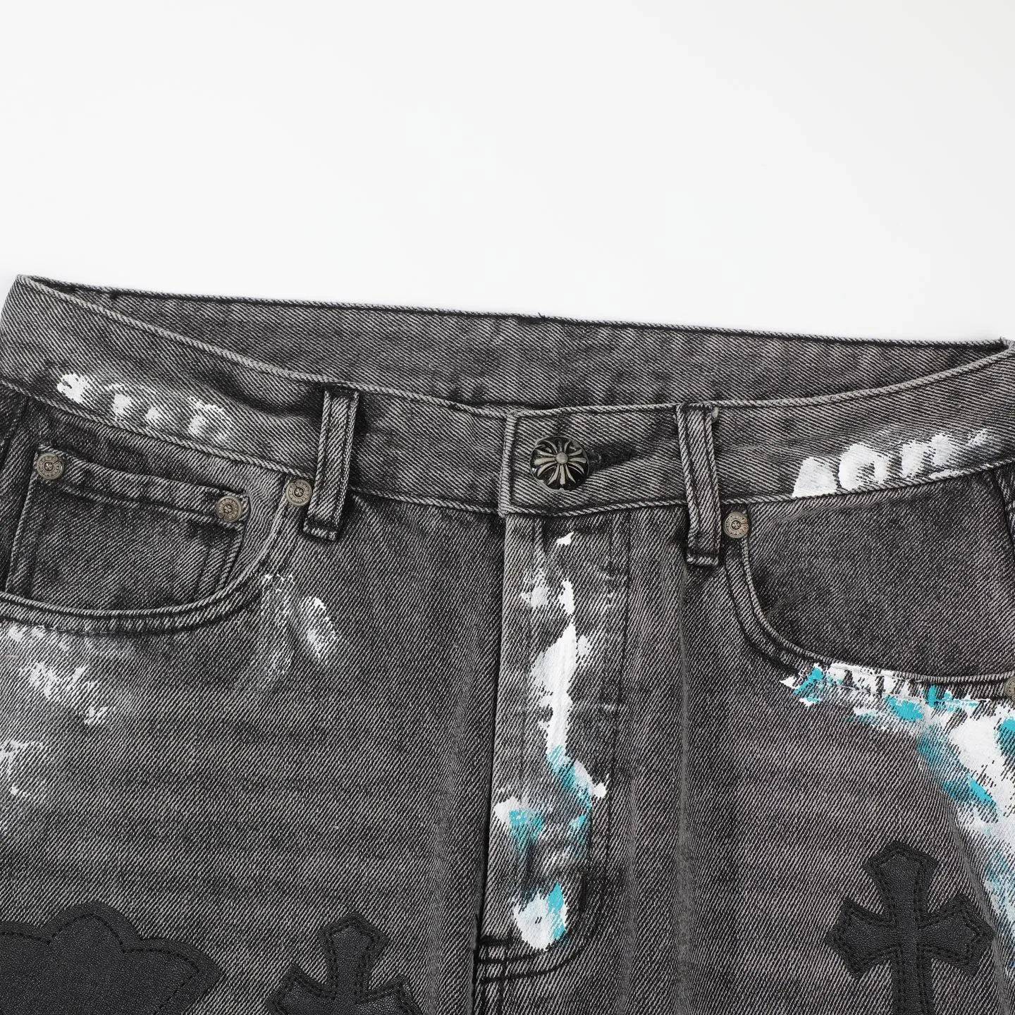 P340 top version GALLERY DEPT & Chrome hearts washed jeans with co-branded blue, yellow, black, white and multi-color stitching. Really restores the ultimate vintage texture. Three-dimensional version. Loose and comfortable, not picky about body shape. Makes taller and slimmer. Factory Seiko. Original factory quality control. Same style for men and women. Can be matched with couples. Versatile recommendation. Must-have jeans for all seasons. Fashionistas have been disappointed. From the quality selection of fabrics, the tailoring of details, and the matching of patterns, they are all impeccable! It is so handsome when worn...men, women, old and young can easily wear it! The craftsmanship is made of heavy-duty washed pure cotton denim fabric. After washing, it is soft and thick and looks very stylish when worn. Color: black Size: 28 30 32 34 36